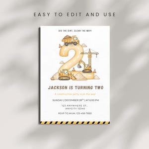 Construction 2nd Birthday Invitation | Dump Truck Birthday Invite | Kids Party Card | Canva Editable Template | Instant Download