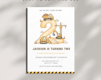 Construction 2nd Birthday Invitation | Dump Truck Birthday Invite | Kids Party Card | Canva Editable Template | Instant Download