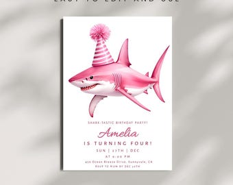 Editable Pink Shark Birthday Invitation | Ocean Theme Party Invite (Digital Download)