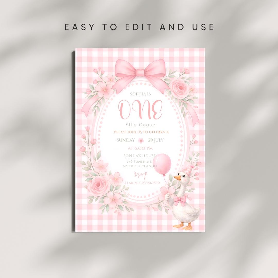 Editable Pink Gingham Silly Goose Birthday Invitation | Silly Goose ...