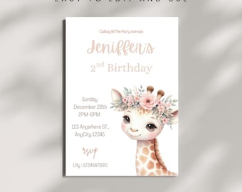 Editable Giraffe Birthday Invitation | Pink Girly Party Invite | Digital Minimalistic Simple Printable | Kids Jungle Evite Digital Template