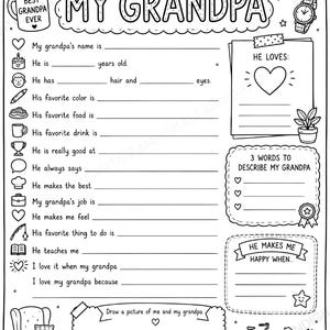 May include: A black and white printable activity sheet titled ALL ABOUT MY GRANDPA. The page features fill-in-the-blank lines for personal details, a section for favorite things, a space to draw a picture, and illustrations of a chair, bike, and tools.