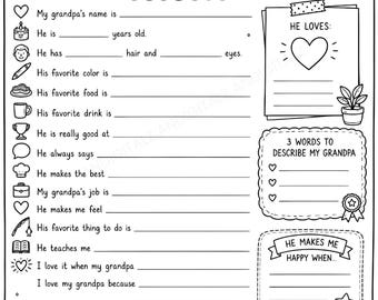 Printable All About My Grandpa | Coloring Page Questionnaire Father's Day |  Kids Activity | Fill In The Blanks Interview | Gift For Grandpa
