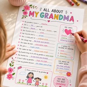 May include: A child's worksheet titled "All About My Grandma", filled with handwritten details and drawings. Features pink and green floral decorations and a child's hand holding a crayon. Includes details about her favorite things.