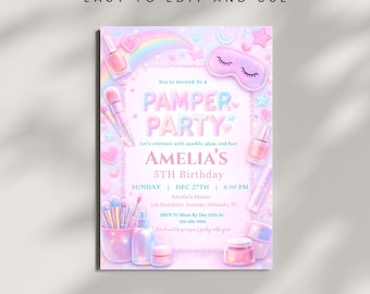 Editable Pamper Birthday Invitation | Preppy Pamper Party Invite | Girls Pink Spa Party Card | Glam Birthday | Printable Canva Template