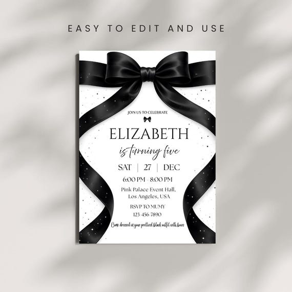 Editable Black Bow Birthday Invitation | Black Ribbon Coquette 16th 18th 21st 30th Party Card | Minimalist Black Bow Invite | Canva Template