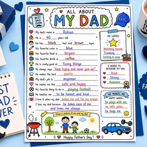 Peut inclure: Une fiche d'activité imprimable All About My Dad avec des illustrations colorées, des lignes à remplir et des sections pour les loisirs et les traits de caractère. La page comprend une zone de dessin, une voiture bleue, un barbecue et le texte Happy Father's Day.