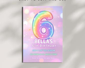Editable Pink 6th Birthday Invitation | Glitter Birthday Party Invite |  Rainbow Foil Girl Sixth Birthday Card | Printable Canva Template