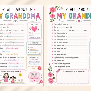 May include: A printable questionnaire titled "All About My Grandma", with fill-in-the-blank sections and a drawing area. The design features pink floral decorations and the phrase "You are the best Grandma!"