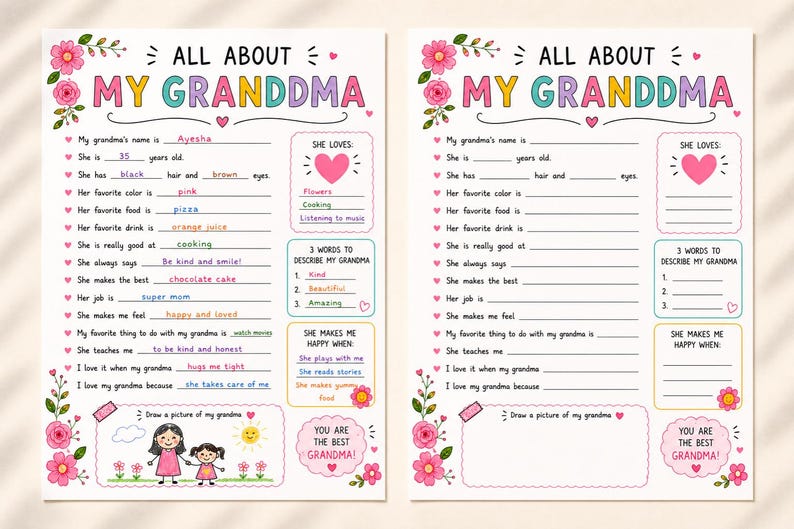 May include: A printable questionnaire titled "All About My Grandma", with fill-in-the-blank sections and a drawing area. The design features pink floral decorations and the phrase "You are the best Grandma!"