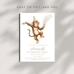May include: A white invitation card with a watercolor illustration of a brown monkey wearing a party hat and holding a party favor. The text reads "Easy to Edit and Use" and "Amanda is turning four!" with event details.