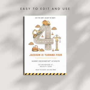 Construction 4th Birthday Invitation | Dump Truck Birthday Invite | Kids Party Card |Digital Canva Editable Template | Instant Download