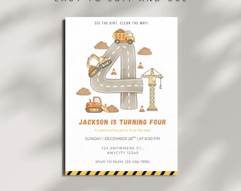 Construction 4th Birthday Invitation | Dump Truck Birthday Invite | Kids Party Card |Digital Canva Editable Template | Instant Download