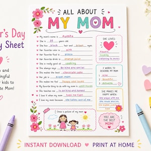 以下が含まれることがあります： 「All About My Mom」という言葉がカラフルな文字で書かれた母の日アクティビティシート。シートには、母親の好きなものに関する記入欄と、絵を描くスペースが含まれています。