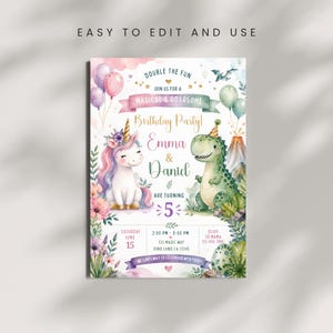May include: A whimsical birthday party invitation featuring a unicorn and a dinosaur. The invitation includes the text "Double the Fun" and "Magical & Roarsome". The names Emma & Daniel are featured, along with the age "5". The invitation also includes event details.
