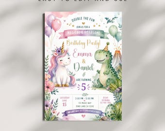 Unicorn and Dinosaur Birthday Invitation | Sibling Joint Party Invite | Sparkle and Roar Party Template | Colorful Card | Digital Download