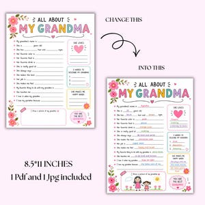 May include: A printable questionnaire titled "All About My Grandma", with a floral design in pink and teal. The A4 PDF and JPG includes prompts to fill in details about a grandmother's favorite things and personality.