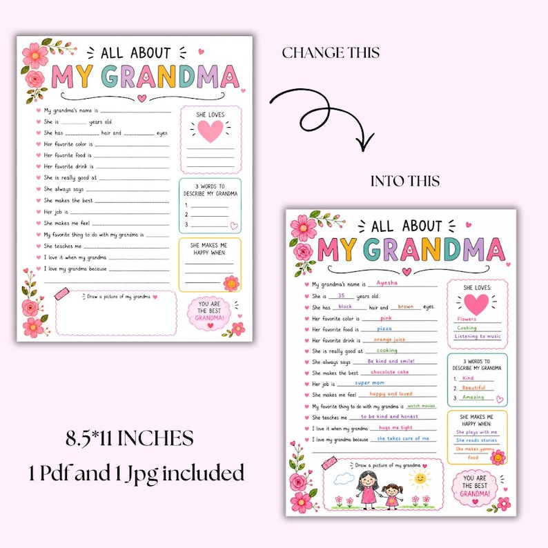 May include: A printable questionnaire titled "All About My Grandma", with a floral design in pink and teal. The A4 PDF and JPG includes prompts to fill in details about a grandmother's favorite things and personality.