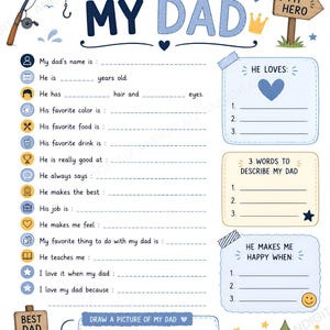 Printable All About My Dad | Coloring Page Questionnaire Father's Day | Kids Activity | Fill In The Blanks Interview | Gift For Papa Pdf image 1
