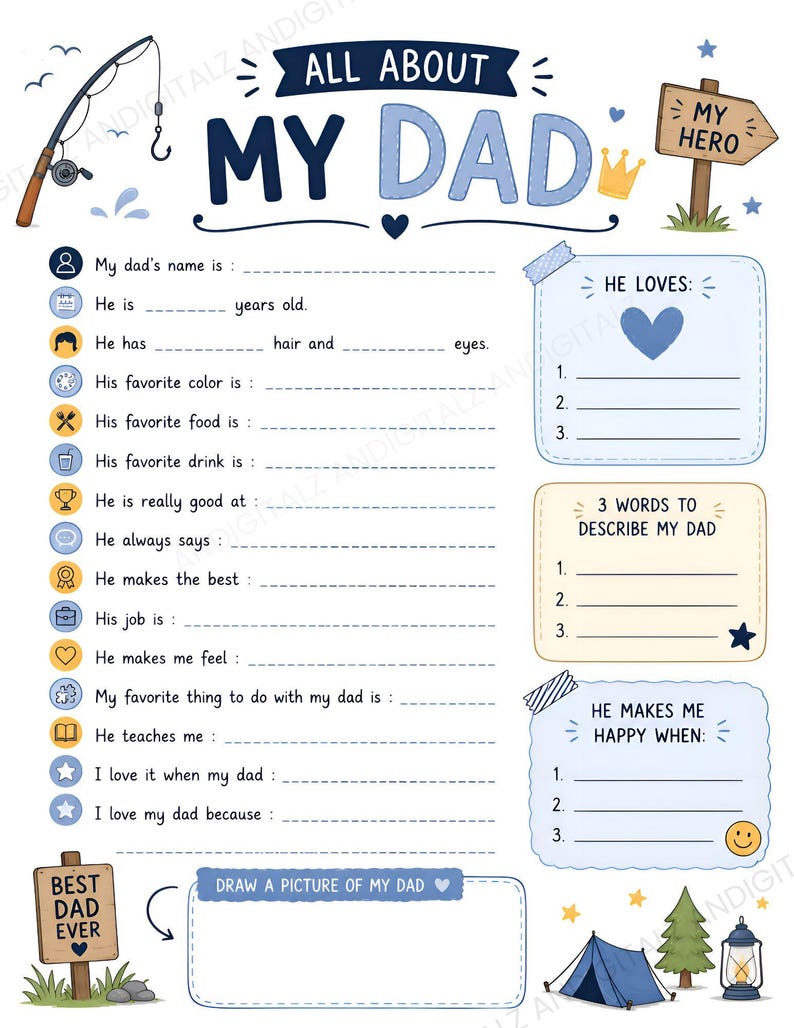 Printable All About My Dad | Coloring Page Questionnaire Father's Day | Kids Activity | Fill In The Blanks Interview | Gift For Papa Pdf image 1