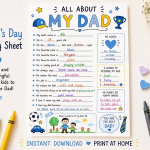Peut inclure: Une fiche d'activité pour la fête des pères blanche avec des accents bleus et jaunes, portant le texte ALL ABOUT MY DAD. La page comprend des lignes à remplir pour des détails personnels, une section pour trois mots et un espace de dessin.