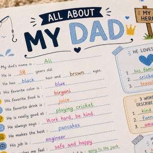 Printable All About My Dad | Coloring Page Questionnaire Father's Day | Kids Activity | Fill In The Blanks Interview | Gift For Papa Pdf image 4