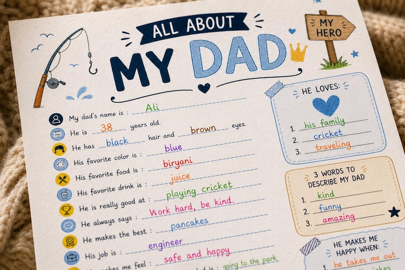Printable All About My Dad | Coloring Page Questionnaire Father's Day | Kids Activity | Fill In The Blanks Interview | Gift For Papa Pdf image 4