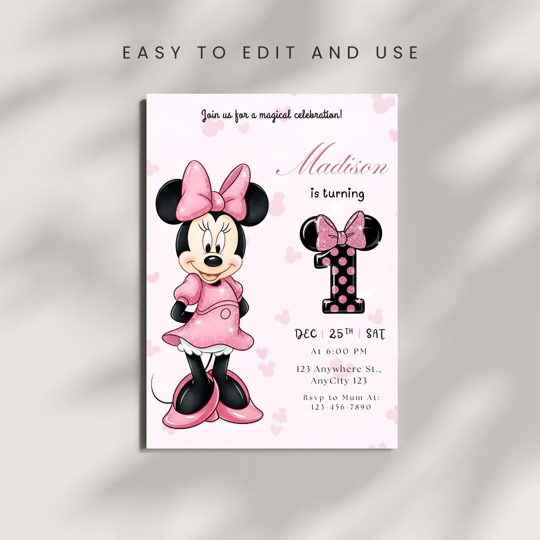 Editable Minnie 1st Birthday Cute Mouse Invitation Canva Template Girls ...