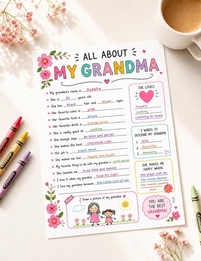 May include: A colourful "All About My Grandma" printable sheet with fill-in-the-blanks, featuring pink and floral designs. Includes prompts for favourite things, a drawing space, and a message: "You are the best Grandma!"