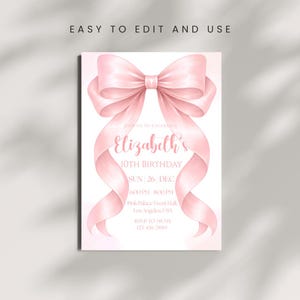 May include: A pink invitation card featuring a large bow and ribbons. The text "Elizabeth's 10th Birthday" is written in a cursive font. The card includes event details such as date, time, and location.