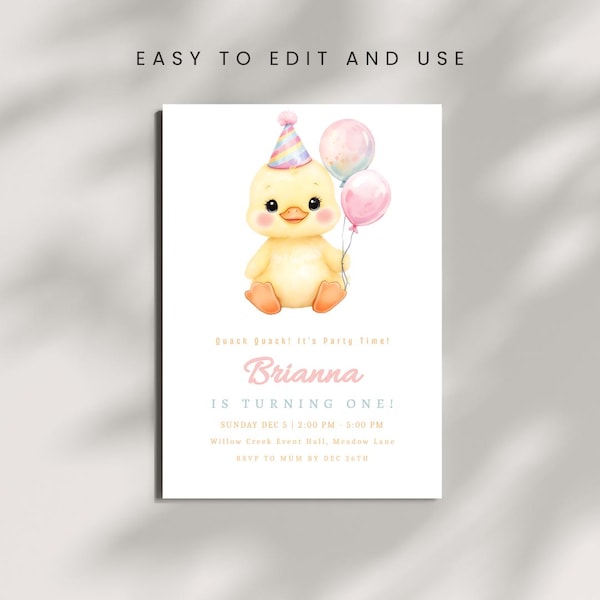 Duck Birthday Invitation | First Birthday Girl Invite |  Cute Watercolor Party Invite |  Kids Birthday Duck Theme Canva Editable Template