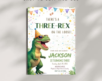 Editable Dinosaur Birthday Invitation | Three Rex Invite | Boys Third Dino Party Card | Three-Rex On The Loose | Digital Boys  Dino Template