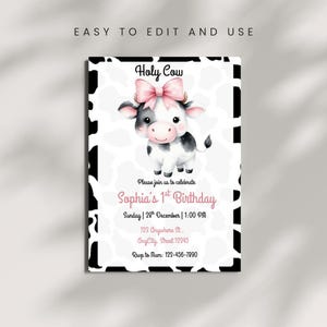 Invitación de cumpleaños editable de Holy Cow / Invitación con lazo rosa de Holly Cow / Fiesta en la granja / Fiesta de vaqueras / Invitación para el primer cumpleaños de una niña con temática de Holy Cow