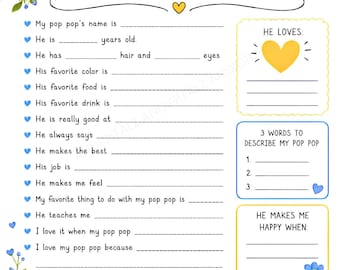 All About My Pop Pop Printable | Father's Day Activity for Kids | Pop Pop Fill in the Blank Questionnaire | Grandkids Gift For Pop Pop Canva