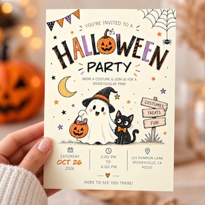 May include: A cream-coloured Halloween party invitation card featuring a ghost in a witch hat holding a pumpkin bucket, a black cat, a crescent moon, and a spider web. The text reads: YOU'RE INVITED TO A HALLOWEEN PARTY, OCT 26 2026, 3:00 PM TO 6:00 PM.