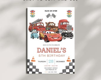 Verjaardagsuitnodiging voor auto's | Bewerkbare uitnodiging voor jongensfeestje | Themakaart auto's voor kinderen | Bliksem McQueen gepersonaliseerd afdrukbaar canvas, digitaal 5*7 inch