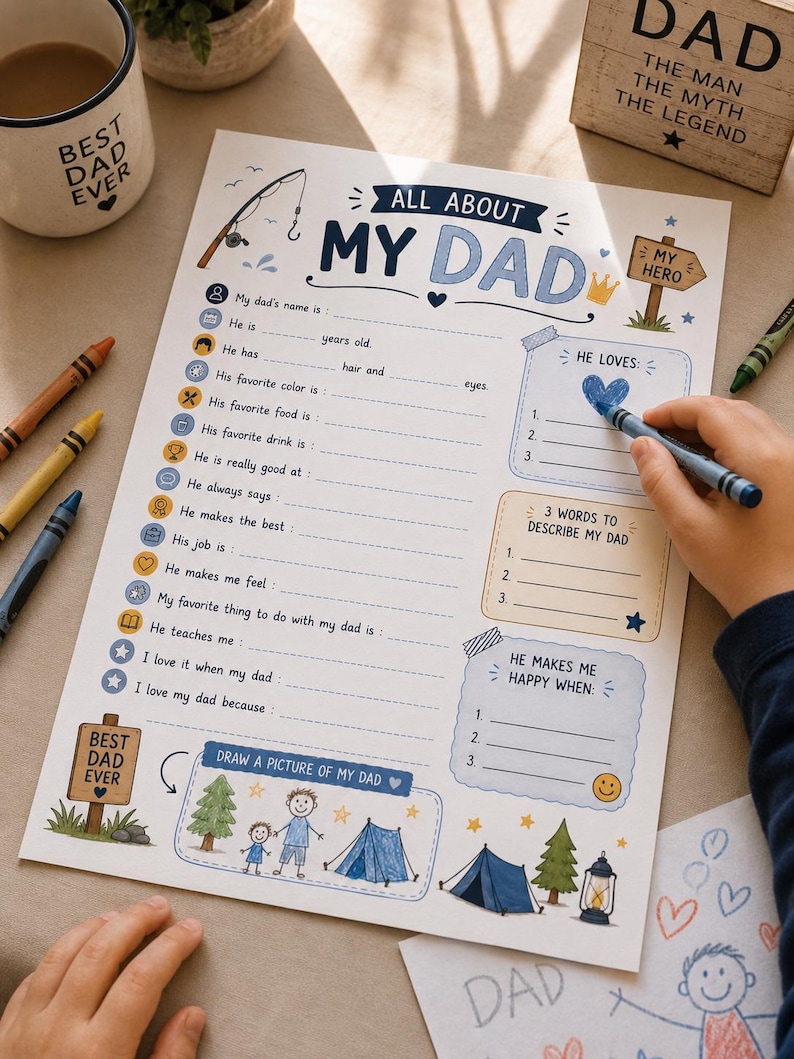 May include: A white paper questionnaire titled All About My Dad with blue and brown illustrations including a fishing rod, a tent, and a sign reading My Hero. The form features fill-in-the-blank lines for personal details, hobbies, and favorite things.