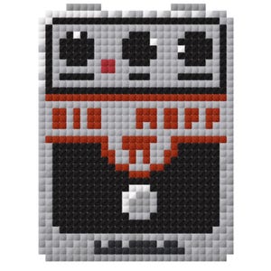 May include: Pixelated illustration of a gray and black device with red accents. The word "RUFF" is displayed in red block letters. The device has a square shape with a white button at the bottom.