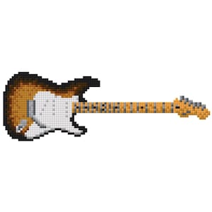 May include: Pixelated electric guitar in shades of brown, white, and orange. The guitar features a classic body shape, a long neck with frets, and a headstock. The design is reminiscent of a retro video game aesthetic.
