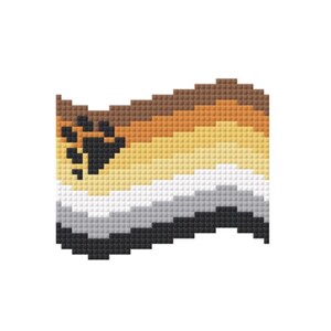 May include: A pixelated Bear Pride flag with a paw print in the upper left corner. The flag features a gradient of colors, including brown, orange, yellow, white, gray, and black, arranged in horizontal stripes.