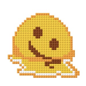 May include: Pixelated yellow ghost emoji with a smiling face and brown eyes and mouth. The emoji is made up of small squares, giving it a retro, digital appearance. The ghost has a rounded top and a wavy bottom.