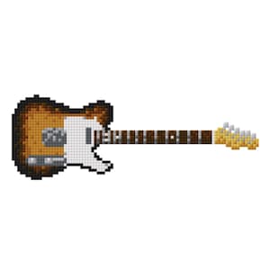 Peut inclure: Guitare électrique pixélisée avec un corps marron, un pickguard blanc et un manche marron. La tête est dorée et blanche. La guitare est sur fond blanc.