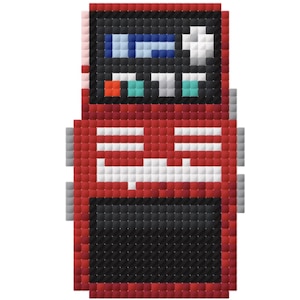 May include: Pixelated red arcade machine with a black screen and white accents. The top screen displays blue and white pixelated graphics. The machine has a black bottom section and white horizontal lines.