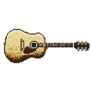 May include: Pixelated acoustic guitar illustration. The guitar features a light tan body, a dark brown sound hole, and a brown neck with silver tuning pegs. The design is reminiscent of a cross-stitch pattern.