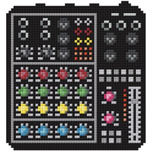 Könnte beinhalten: Ein Kreuzstichmuster einer schwarzen elektronischen Mischkonsole. Das Design zeigt verschiedene farbige Knöpfe und Schieberegler, darunter rot, grün, gelb und blau. Die Gesamtästhetik ist pixelig und geometrisch.