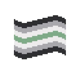 May include: A digitally rendered flag design with a pixelated effect. The flag features horizontal stripes in black, grey, white, and green. The design is made up of small squares, creating a textured look. The background is plain white.