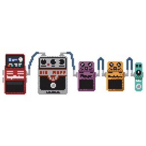 May include: A collection of five colorful pixel art guitar effects pedals. The pedals are red, gray, purple, orange, and teal, each with a unique design and connected by blue cables. The pedals are designed to be used with an electric guitar.