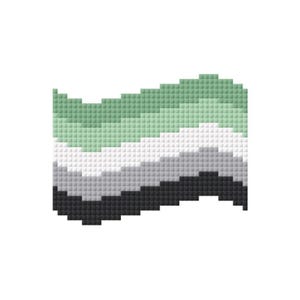 以下が含まれることがあります： アロマンティックプライドフラッグのピクセル化されたイラスト。旗は、緑、白、グレー、黒の色合いの5つの水平ストライプを特徴とし、白い背景に対して波状のパターンに配置されています。