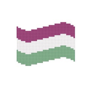 May include: A pixelated design featuring three horizontal bands of color. The top band is a deep magenta, the middle band is white, and the bottom band is a muted green. The design has a slightly wavy appearance.