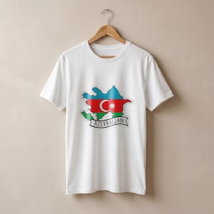 May include: White t-shirt featuring a map of Azerbaijan in the country's flag colors: blue, red, green, and a white crescent moon and star. The word "Azerbaijan" is printed below the map in a black banner.